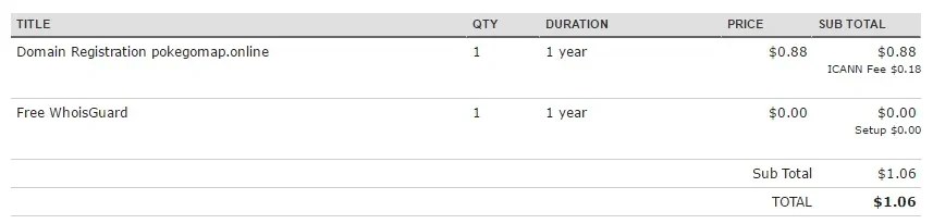 Compra de PokeGoMap en Namecheap