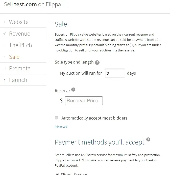 Detalles de la subasta de venta en Flippa
