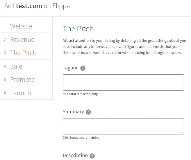 Texto de venta del anuncio en Flippa