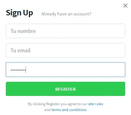 Formulario de registro en Flippa