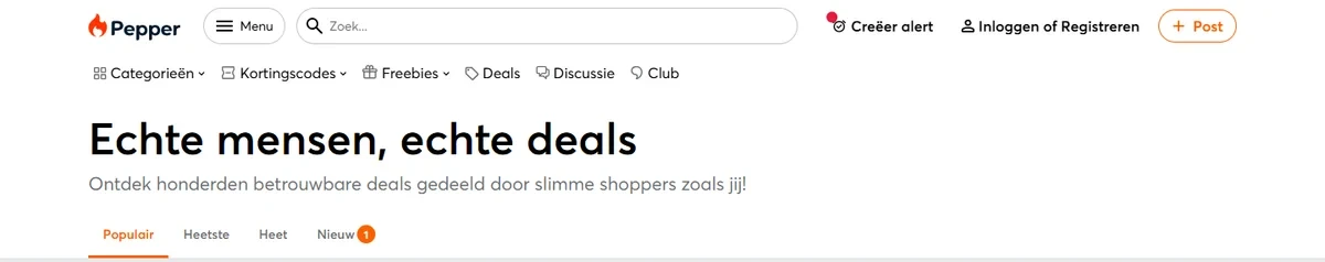 Startpagina van Pepper.com met de knop Creëer alert bovenaan