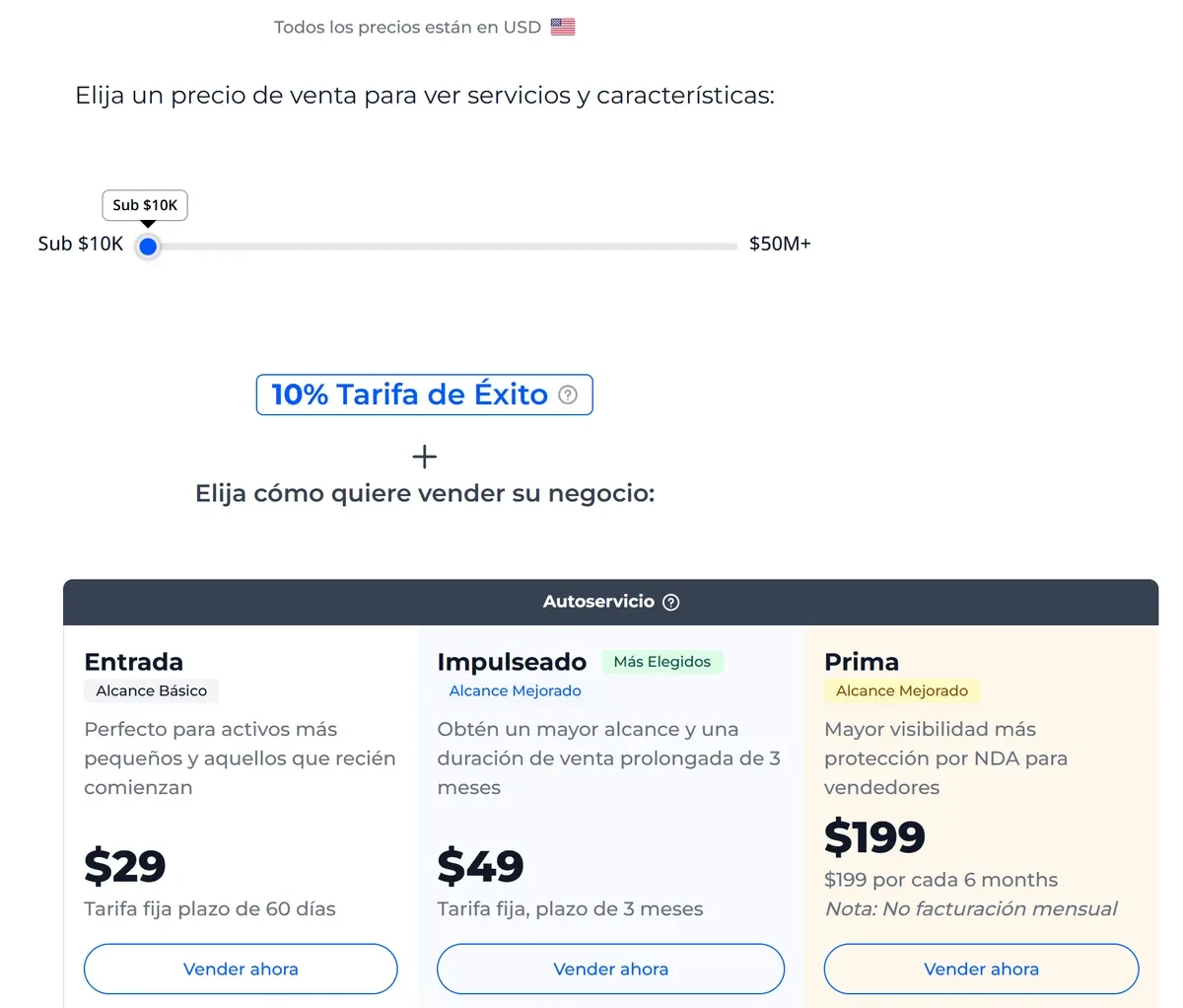 Página de precios de Flippa en español para webs de menos de 10.000 $: tres planes de autoservicio de 29, 49 y 199 $ y un 10 % de tarifa de éxito