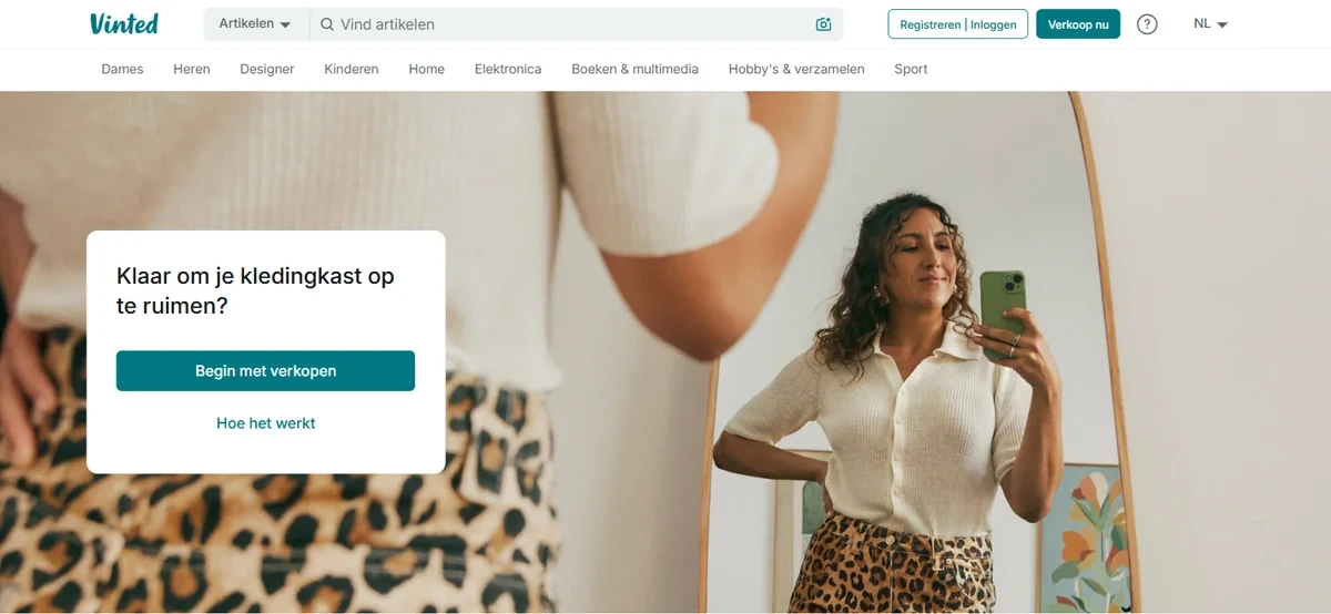Startpagina van Vinted met de vraag Klaar om je kledingkast op te ruimen? en de knop Begin met verkopen
