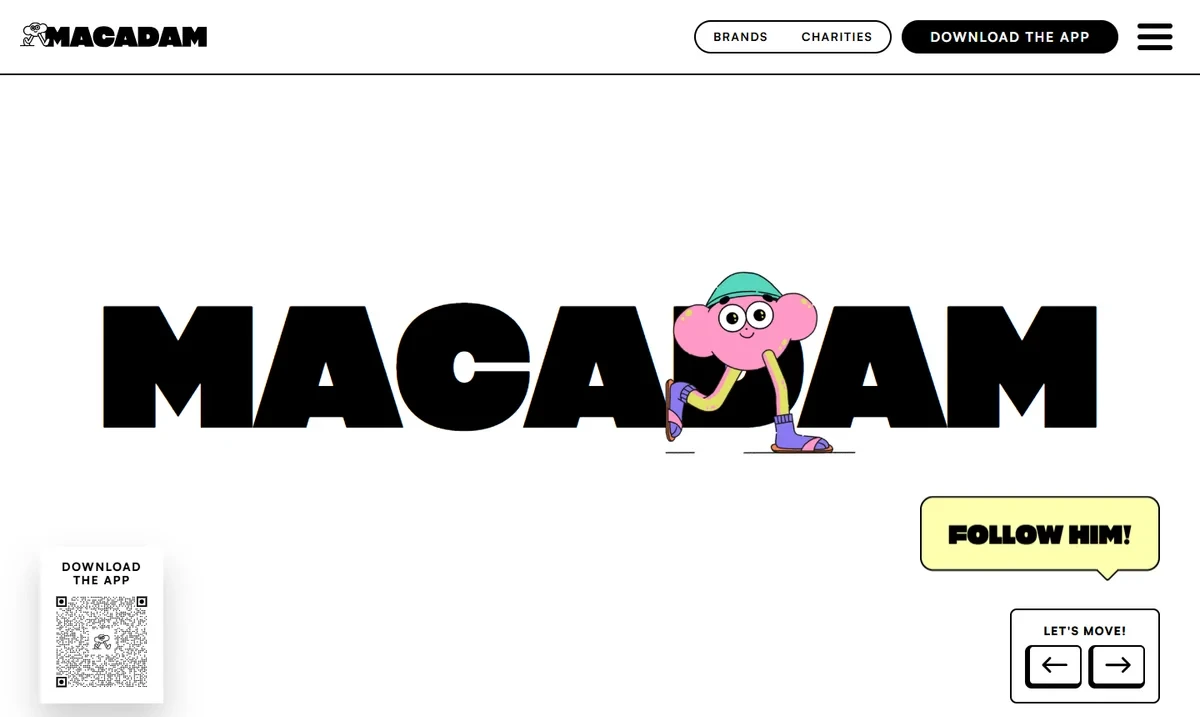 Startpagina van Macadam met de naam van de app en een getekend figuurtje dat loopt