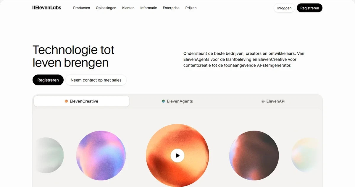 Startpagina van ElevenLabs in het Nederlands