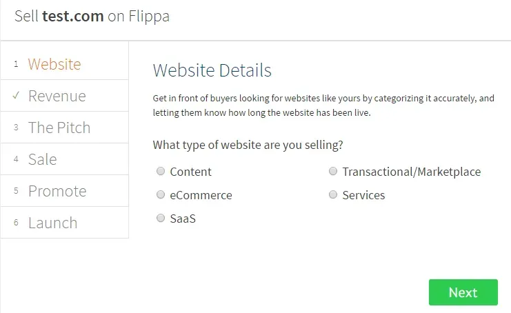 Detalles de la página web en el formulario de venta de Flippa