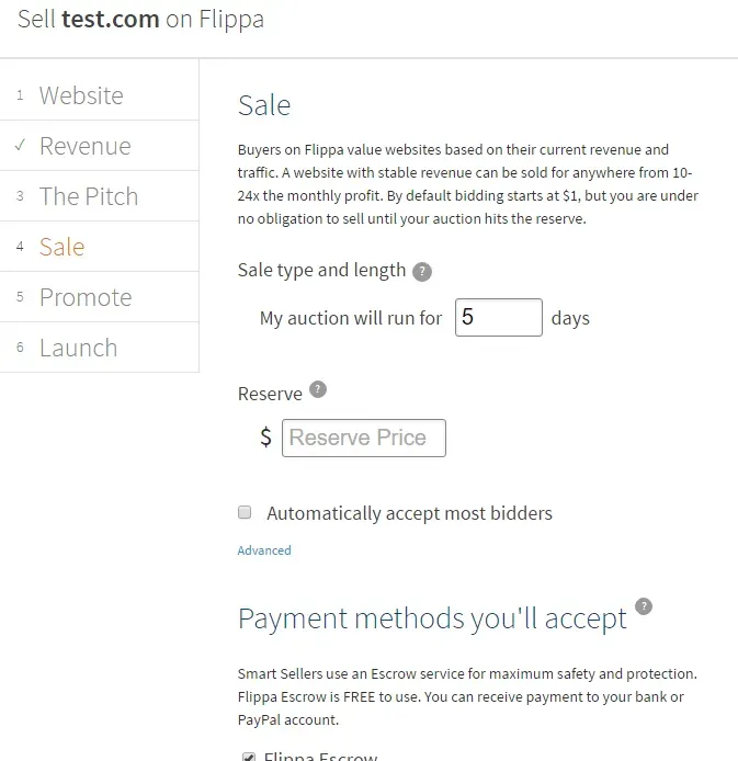 Detalles de la subasta de venta en Flippa