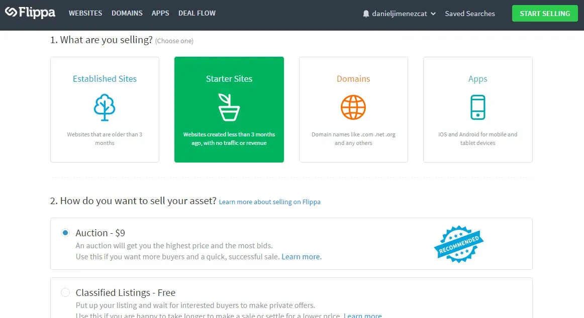 Empezar a vender una página web en Flippa