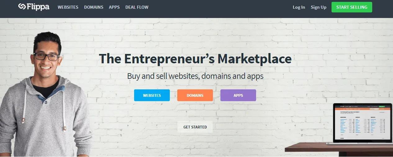 Página principal de Flippa, el marketplace para vender páginas web