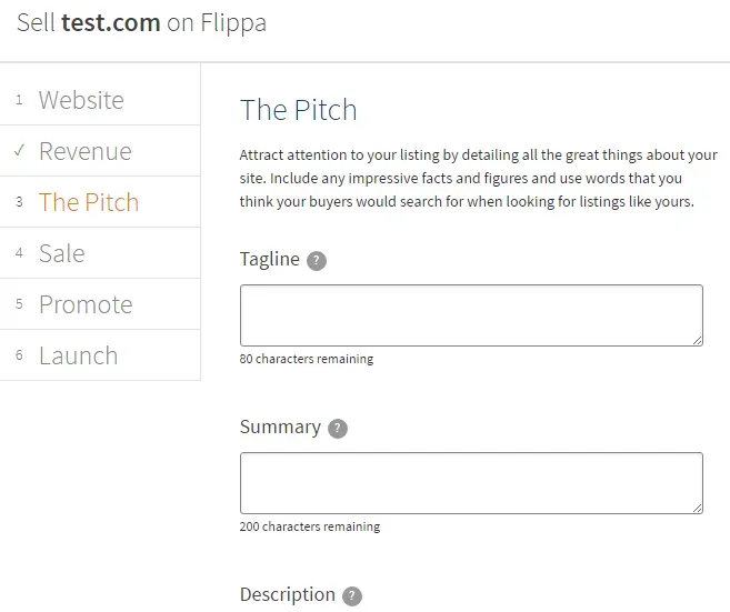 Texto de venta del anuncio en Flippa