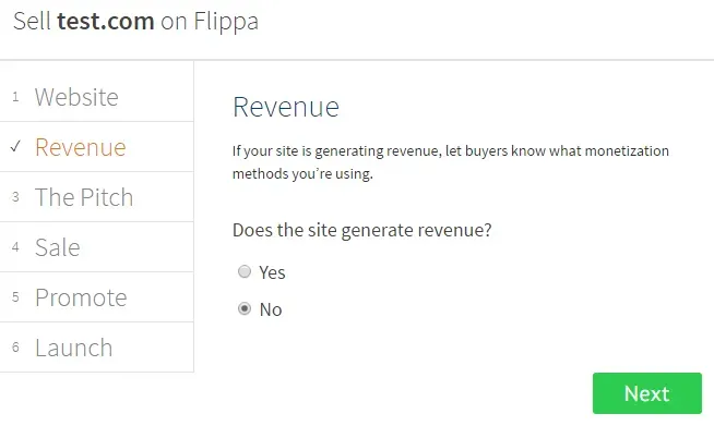 Ingresos de la página web declarados en la venta en Flippa