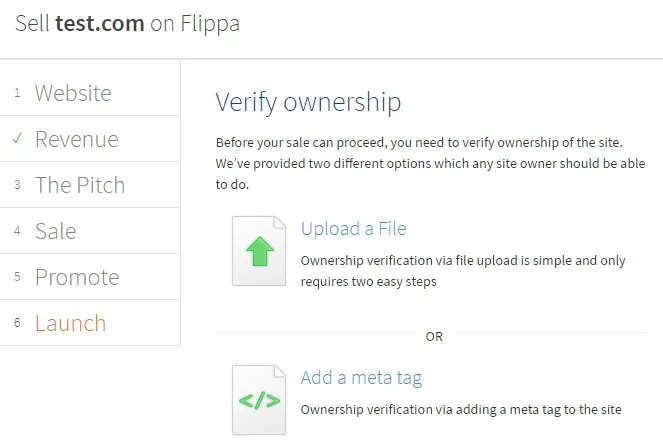 Verificación de la propiedad de la página web en Flippa