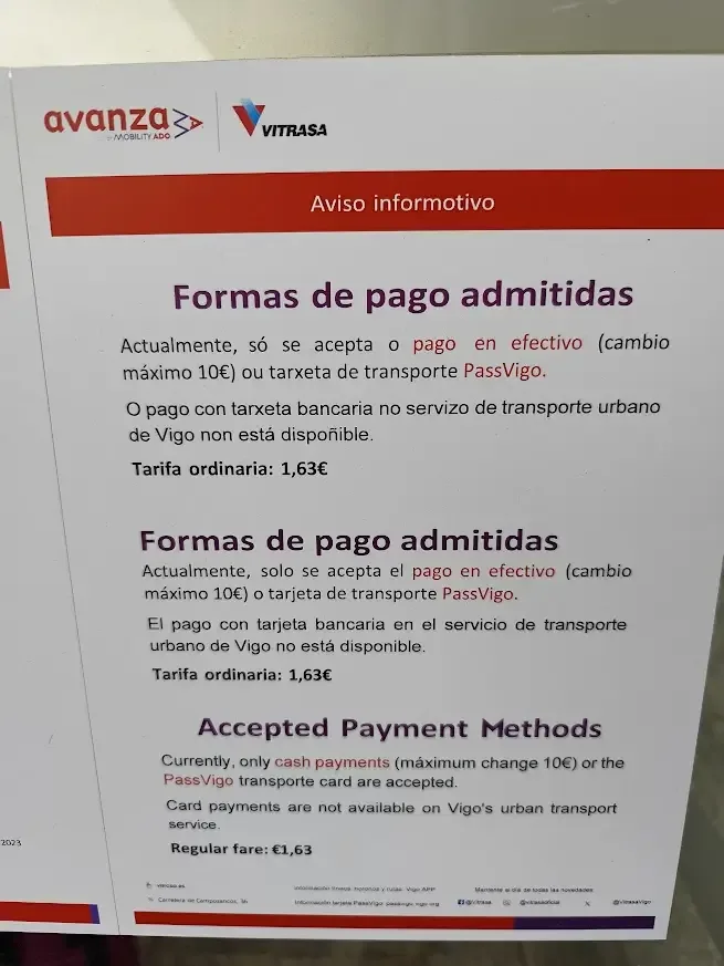 Cash betalen op de bus van de luchthaven naar Vigo