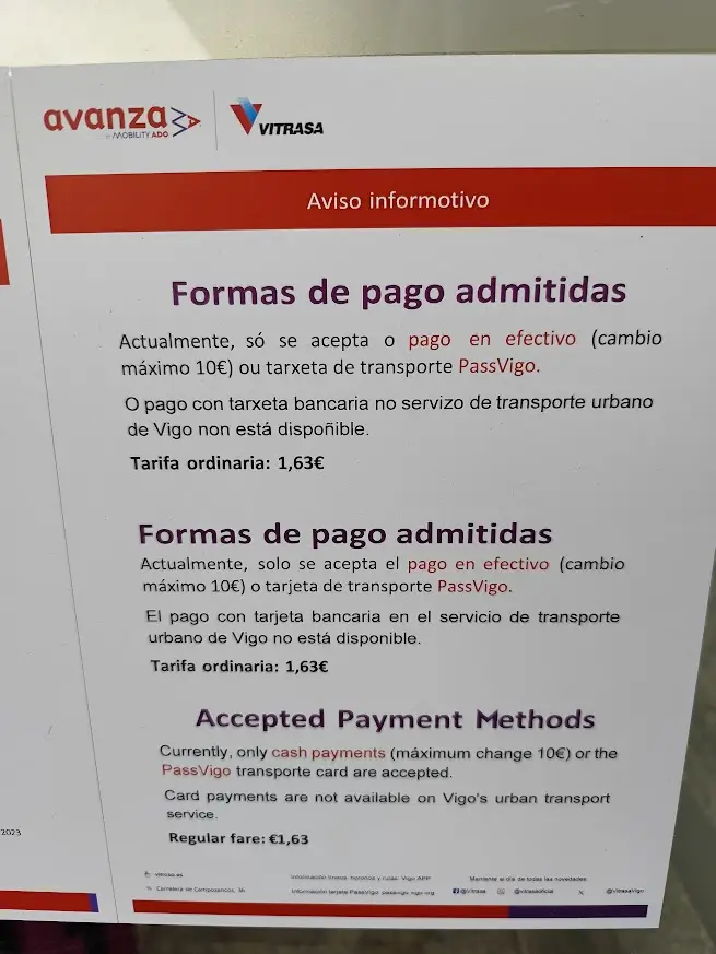 Pago en efectivo en el bus del aeropuerto a Vigo