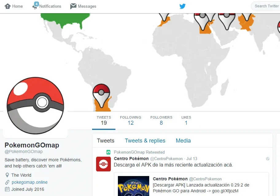Perfil de Twitter de Pokémon Go