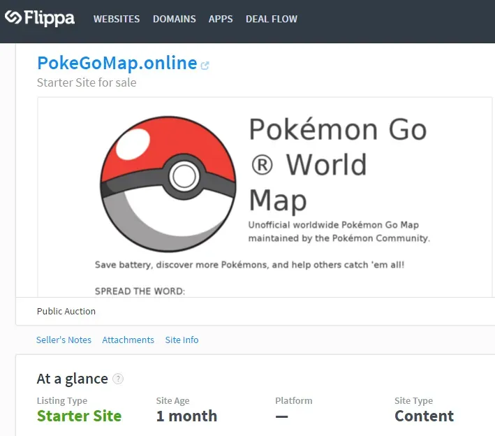 Anuncio de venta de la página web de Pokémon Go en Flippa