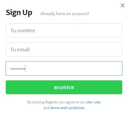 Formulario de registro en Flippa