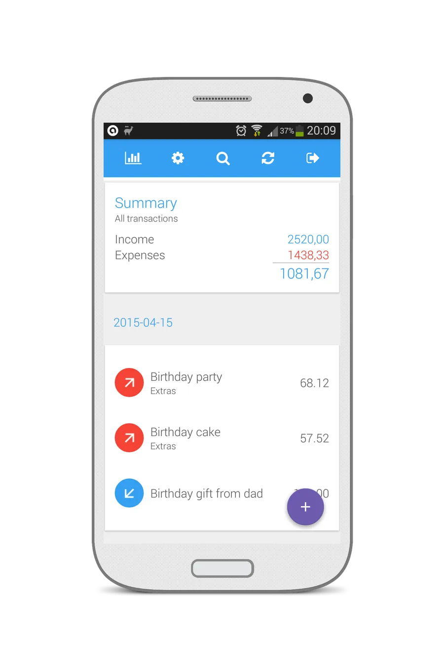 La app de Catchbudget en un móvil Android